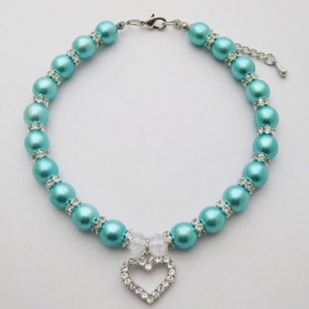 Engraved Crystal Heart Dog Necklace Jewelry with Bling Pearls Rhinestones
